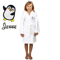 Black Penguin Cartoon Design & Custom Name Embroidery on Kids Hooded Bathrobe